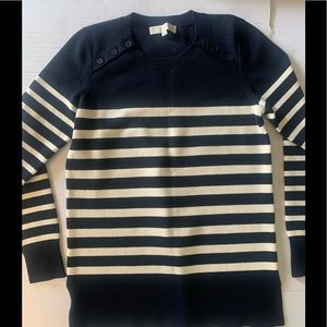 Loft White Stripes Navy Button Shoulder Crew Neck Sweater size Medium.